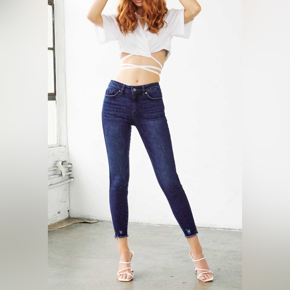KanCan Perry Mid Rise Ankle Skinny Jeans Raw Hem Split Ankle 27